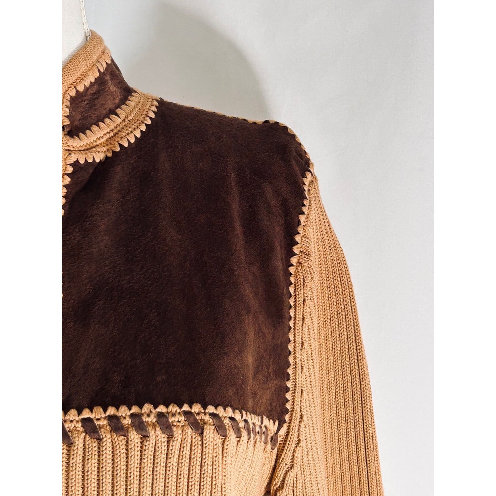 Vintage Lisa Suede Knit Zip Up Cardigan Tan Brown Western Boho Y2K Jacket Large - Picture 5 of 12